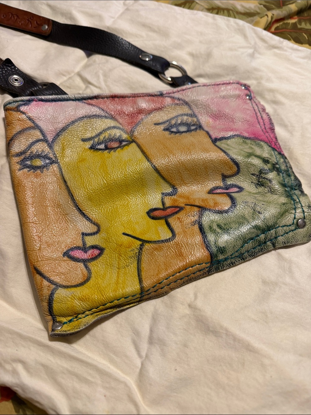 Artistic Multicolor Leather Crossbody Bag - Hand-Painted Face Motif